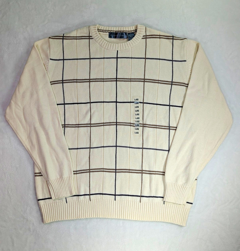 NWT Oscar de la Renta Mens XL Sweater Cream Windowpane Plaid Cotton Knit Fall 12